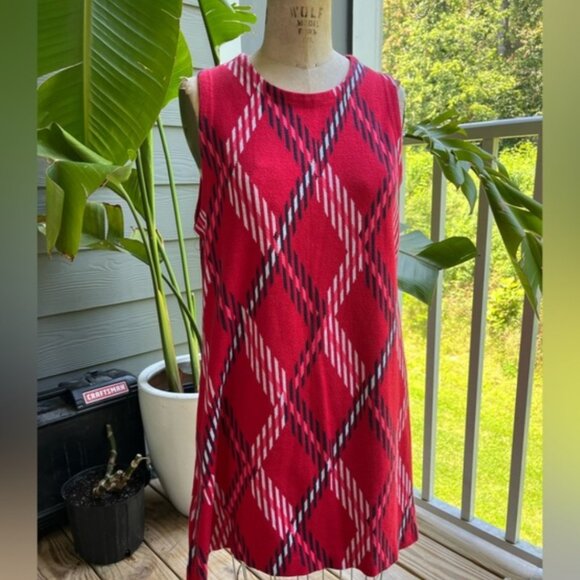 Crown & Ivy Red Plaid Sweater Dress Sleeveless Shift Tartan Argyle Knit Medium M - Picture 2 of 6